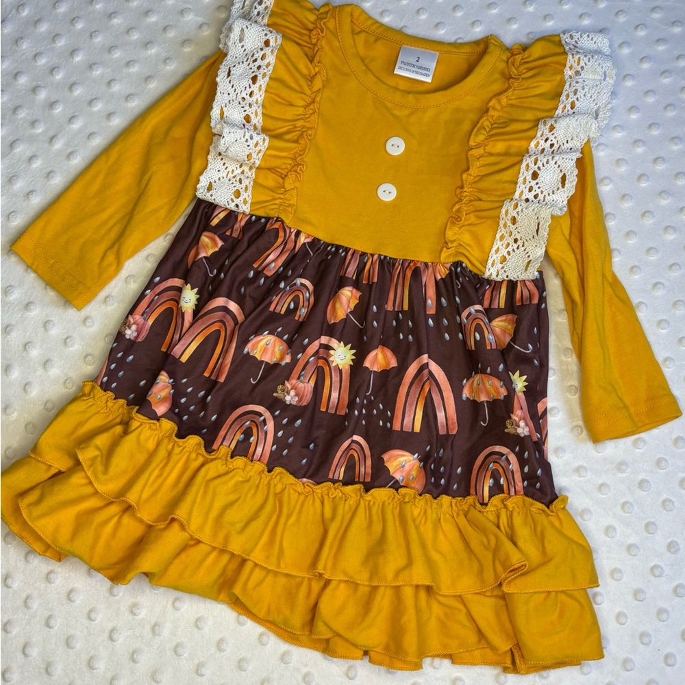 Girls  Mustard Yellow Rainbow Pumpkins and Umbrellas Ruffled Dress